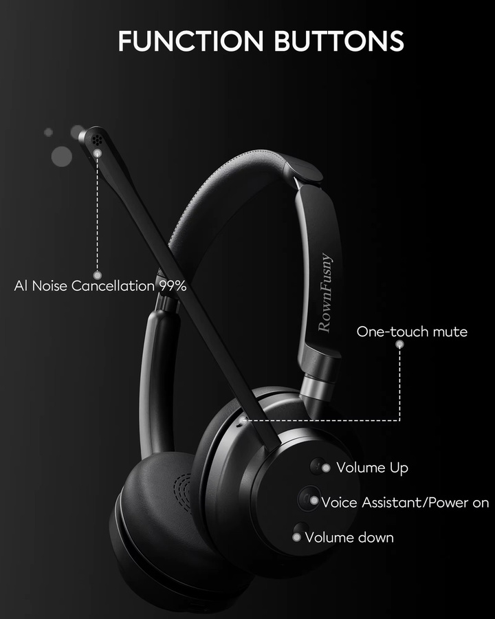 Rownfusny Kabelloses Bluetooth Over-Ear-Headset mit Mikrofon und USB-Dongle in Schwarz - Bild 3