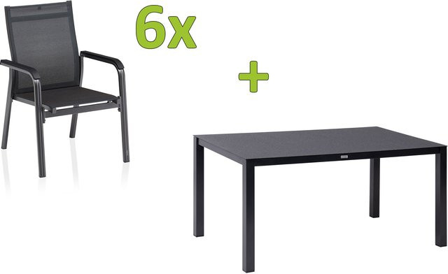 Kettler BasicPlus Premium Garten-Essgruppe in Anthrazit mit Tisch und 6 Stapelsesseln aus Aluminium und Spraystone, Tisch Breite: 160 cm, Tiefe: 95 cm, Höhe: 75 cm - Bild 1