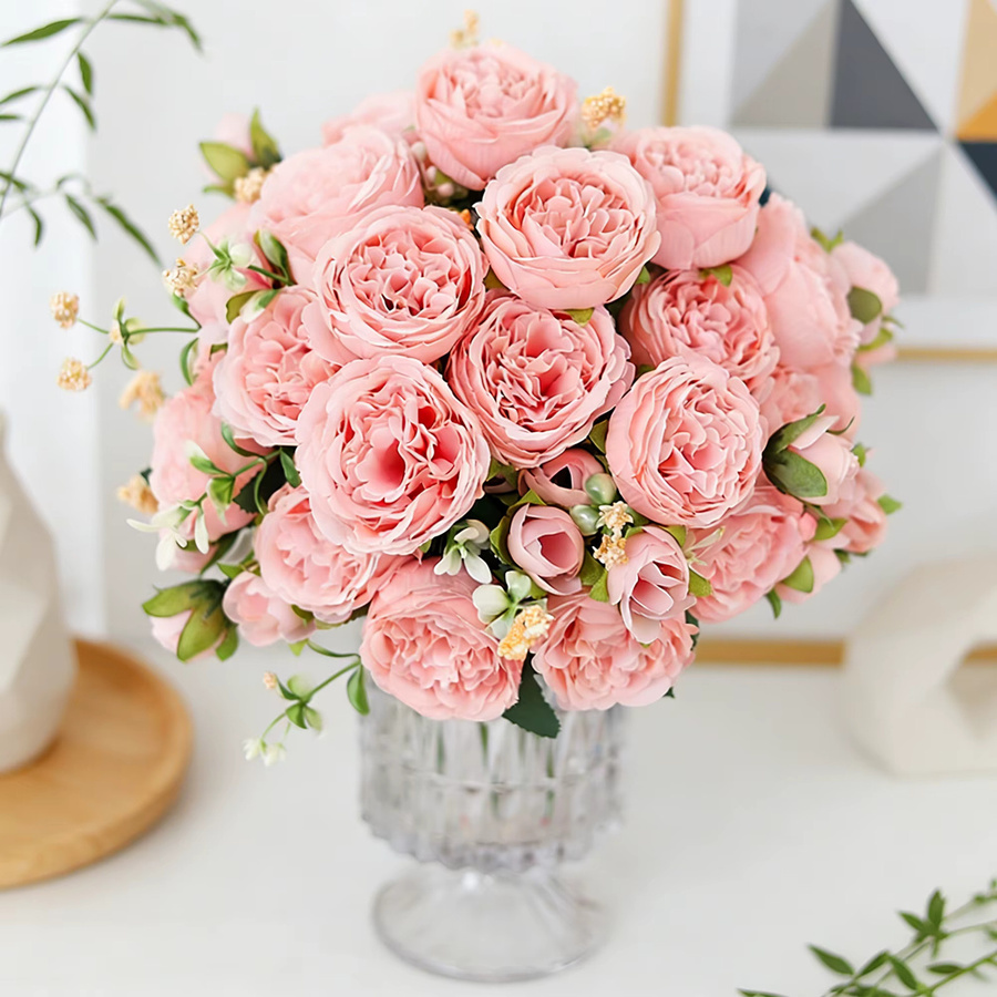 Kahaul Künstlicher Rosenstrauß in Rosa und Gelb für Hochzeiten, Partys und Wohnzimmer-Dekorationen - Bild 1