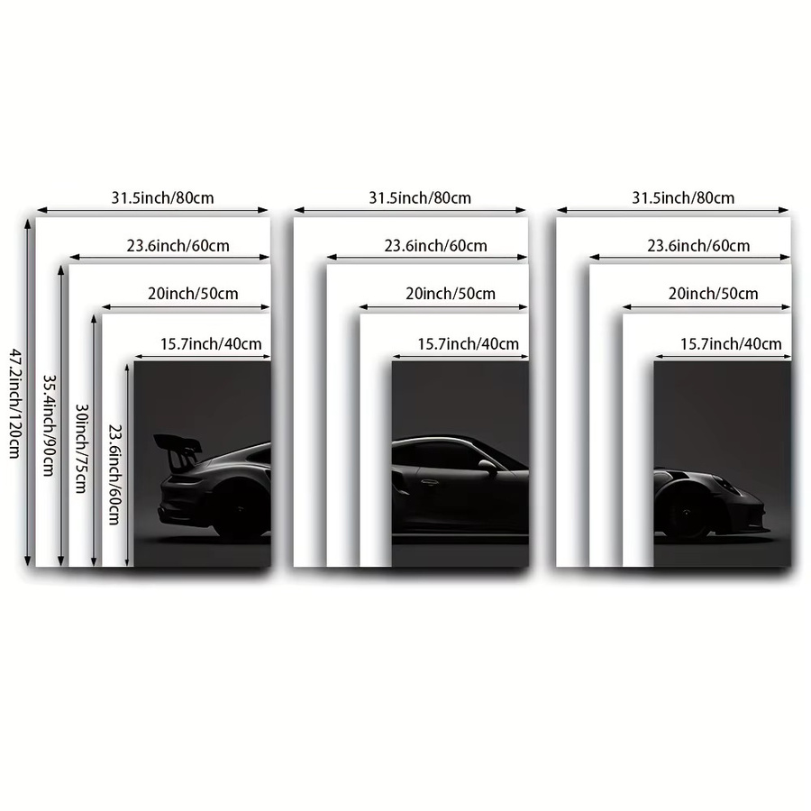 Potdemiel 3er Set Leinwand-Wandkunst Rahmenlose Sportwagen-Motiv Wandbilder in Schwarz - Bild 2
