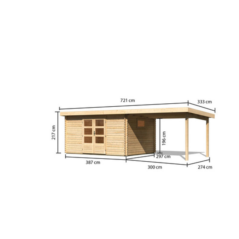 Gartenhaus Holz TRITTAU 5 Blockbohlenhaus in Naturbelassen mit Anbaudach, B/T: 387 x 297 cm, 38 mm Wandstärke - Bild 2