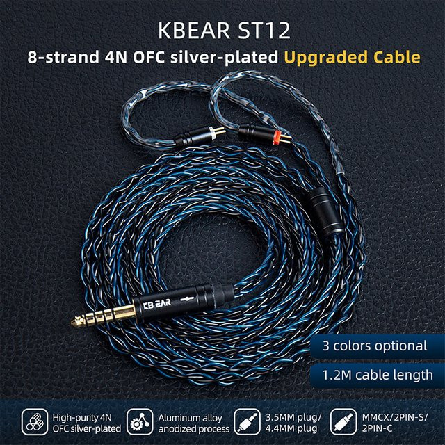 KBEAR ST12 8-adriges versilbertes In-Ear Kopfhörerkabel in Grau mit 3,5 mm Jack und 2PIN/QDC/MMCX Anschlüssen für HiFi-Headsets - Bild 1