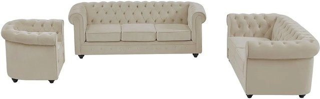 Vente-unique Chesterfield Couchgarnitur aus Samt und Stoff in Beige mit 3-Sitzer-Sofa, 2-Sitzer-Sofa und Sessel, B/T/H: 165 x 82 x 205 cm - Bild 1