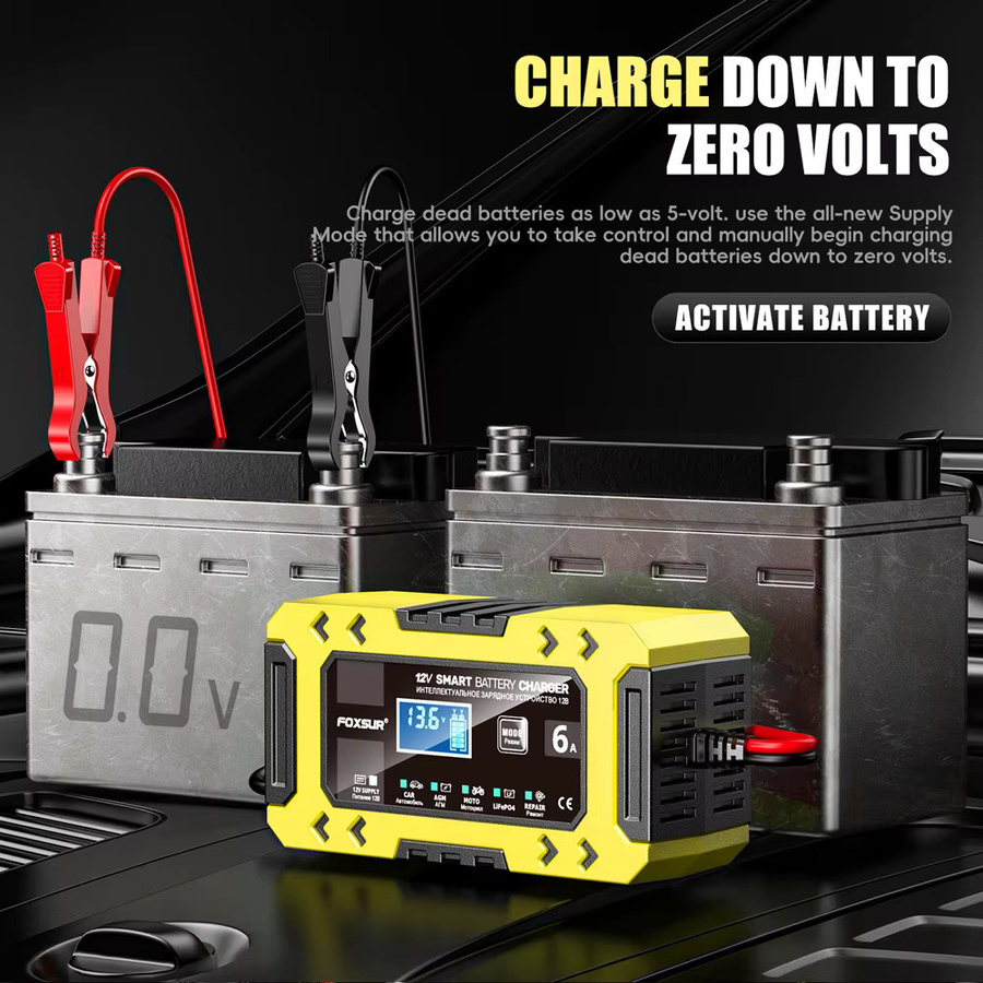 FOXSUR Vollautomatisches Autobatterieladegerät 12 V 6 A mit Digitalanzeige und 10-stufiger Power Puls Reparaturfunktion in Rot-Gelb - Bild 3