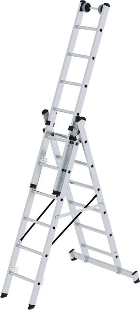 PROREGAL Sprossen-Mehrzweckleiter 3-teilig in Silber mit Traverse und Wandlaufrollen, 3 x 6 Sprossen - Bild 1