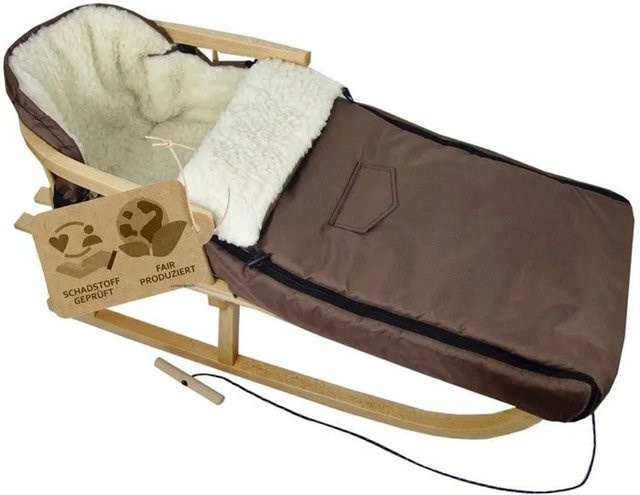 Bambiniwelt by Rafael K. Holzschlitten mit Rückenlehne und wasserabweisendem Winterfußsack aus Lammwolle für Kinderwagen und Buggy, Braun, Länge: 108 cm - Bild 1
