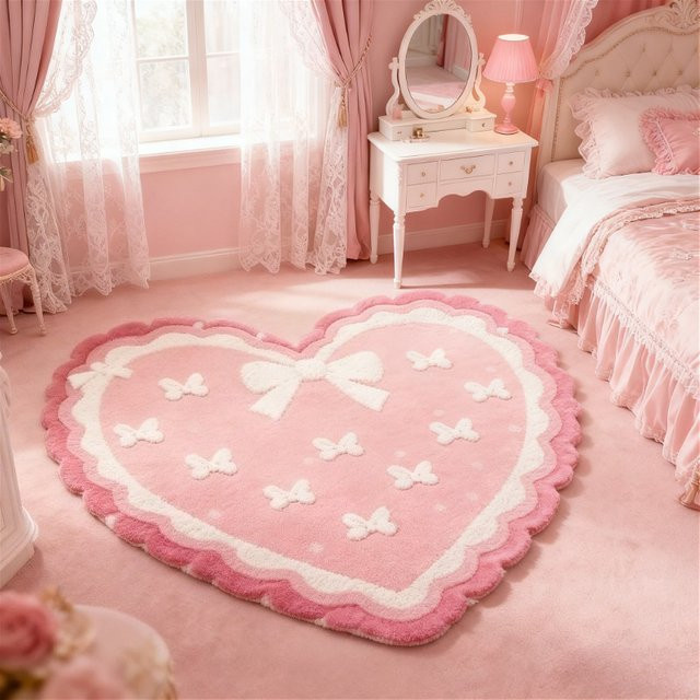VIKAMA Herzförmiger Plüschteppich in Rosa mit Schleifenverzierung für Kinderzimmer, Wohnzimmer und Schlafzimmer - Bild 1