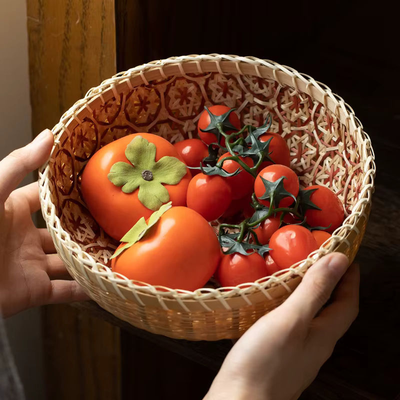 Runder handgewebter Bambus-Aufbewahrungskorb in Beige, rustikaler faltbarer Korb für Obst, Snacks, Gemüse oder Wäsche - Bild 3