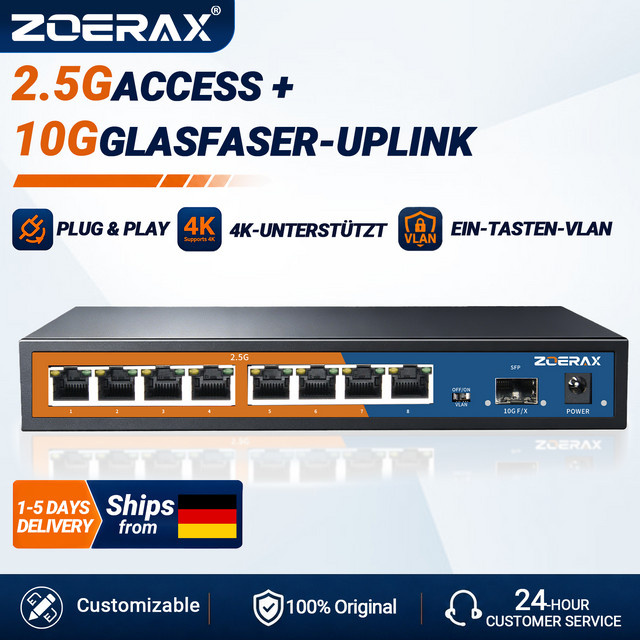 ZoeRax 8-Port Netzwerk-Switch mit 10G SFP Uplink und VLAN-Isolation in Schwarz - Bild 1