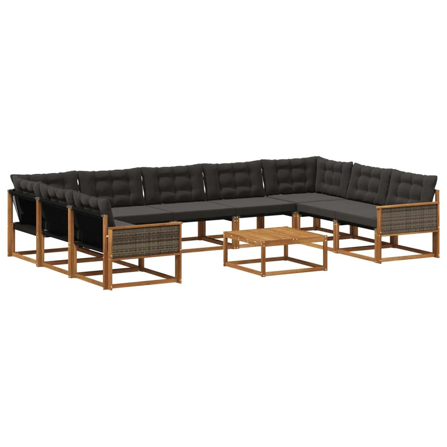 vidaXL Outdoor-Sofagarnitur in U-Form aus massivem Akazienholz mit 10 Textilene-Kissen in Schwarz und Natur - Bild 2