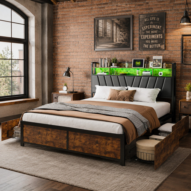 HYNHXBP Plattformbett im Industrie-Stil aus Holz und Metall mit Kopfteil, 4 Metall-Schubladen und gepolstertem PU-Leder, B/T/H: 180 x 200 cm, Schwarz/Braun - Bild 1