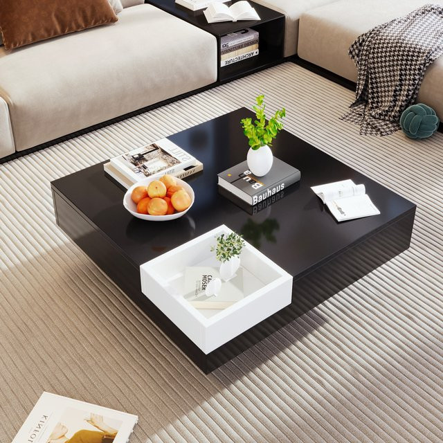 Quadratischer Couchtisch mit LED-Licht und mobiler Aufbewahrungsbox von Aosom in Schwarzweiß, B/T/H: 72 x 72 x 30 cm - Bild 1