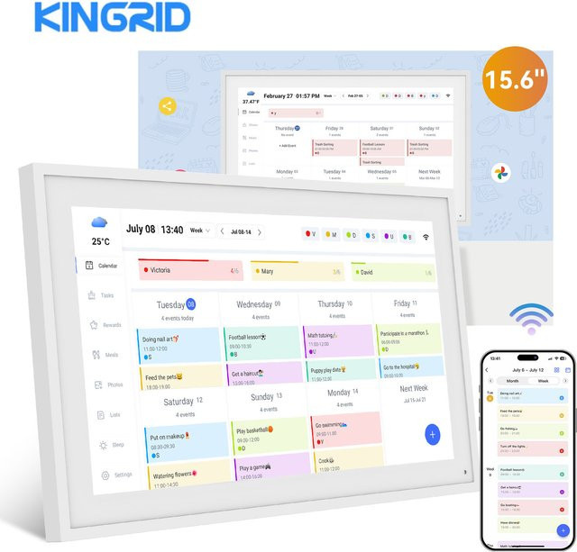 Kingrid P15 Smart Digitaler Kalender 15,6 Zoll mit WLAN und Touchscreen in Weiß zur Mahlzeiten- und Aufgabenplanung mit Google und iCloud Synchronisierung - Bild 1