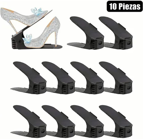 CosyHome Schuhregal aus Kunststoff, 10er Set, verstellbare Doppelschicht-Schuhhalter in Schwarz, modern und matt