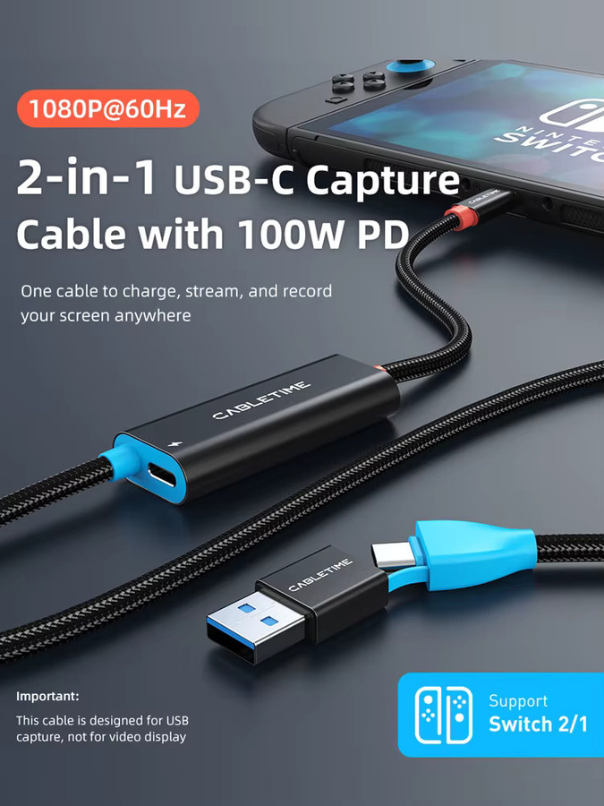 CABLETIME 2-in-1 USB-C und USB-A Videoaufnahmekarte in Schwarz mit 100W PD, 1080P@60Hz Full HD und 5Gbps für Tablet, Laptop und Nintendo Switch - Bild 7