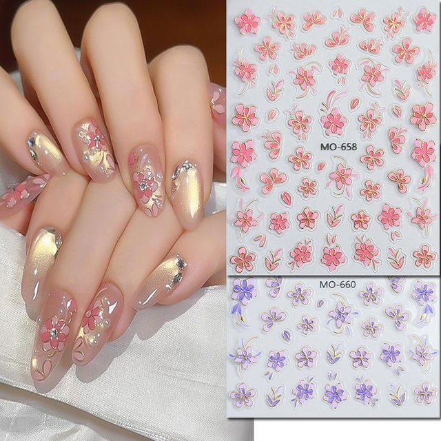 AuuuGBeau Nagelkunst-Aufkleber, 5D geprägte Blumen, Gold, Rosa, Lila, 3 Stück - Bild 1