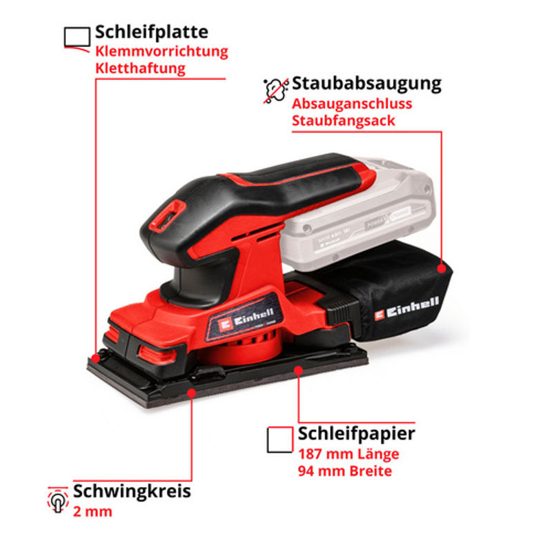 Einhell Power X-Change Akku-Schwingschleifer TC-OS 18/187 Li Solo, 18V, rot/schwarz - Bild 5