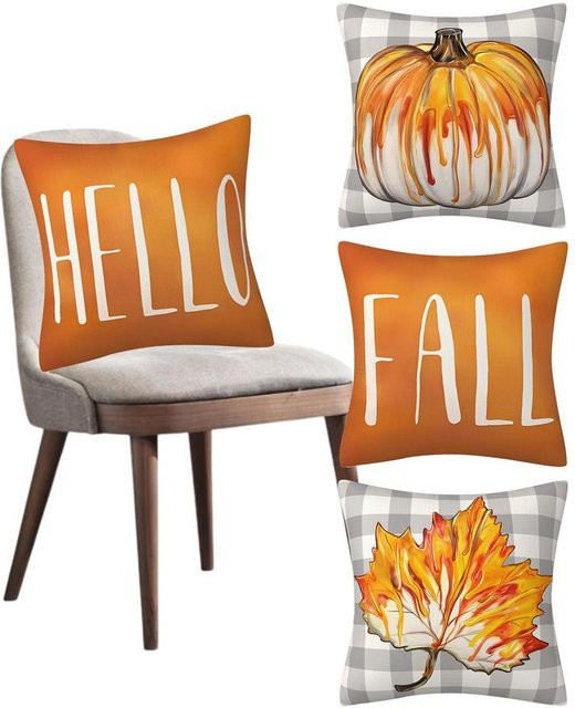 4er Set Herbst Kissenbezüge von Yiran Furniture in Violett und Orange mit Kürbis und Eukalyptus Design, B/H: 45 x 45 cm - Bild 1