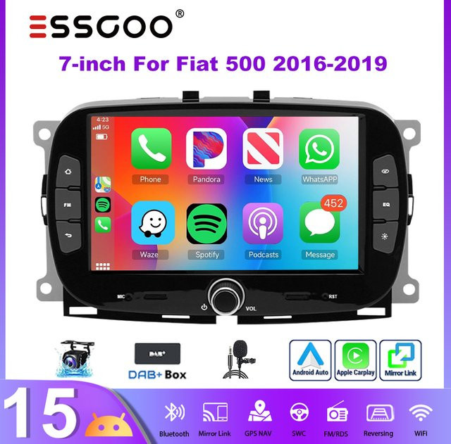 ESSGOO Multimedia-Bildschirm mit Android 15 und 7 Zoll Display für Fiat 500 Abarth 2016-2019, 4+64 GB, Wireless CarPlay, Android Auto, GPS, WiFi und Lenkradsteuerung, Schwarz - Bild 1