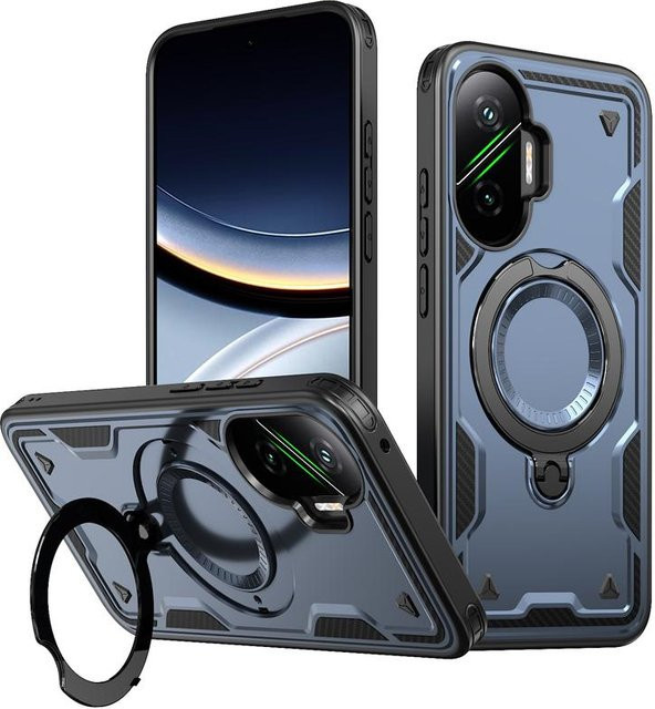 Xiaomi POCO F7 5G Hülle Militärisch Sturzsicher mit 360 Grad Verstellbarem Ring Rückseitenständer in Grau - Bild 1