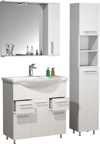 VCM Badmöbel Waschplatz-Set Lisalo XL in Weiss, 4-teilig mit Keramik-Waschbecken, Spiegelschrank, Hochschrank und Unterschrank mit 75 cm Breite, ausgestattet mit drei Drehtüren und zwei Schubladen - Bild 1