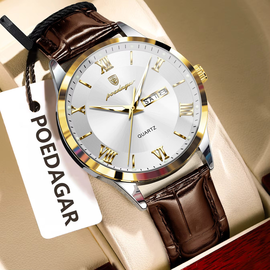 POEDAGAR Armbanduhr, Quarz, Leder, Silber, Herren, Datum, Wochentag - Bild 2