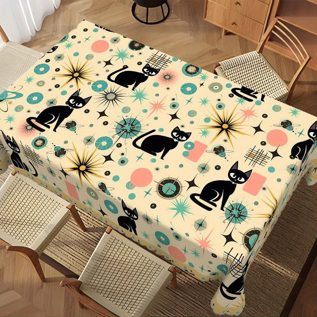 Fancy Style Studio Tischdecke im Vintage-Design mit schwarzem Katzen-Print, rechteckig, wasserabweisend, Polyester, Beige/Schwarz, B/T: 140 x 140 cm - Bild 1