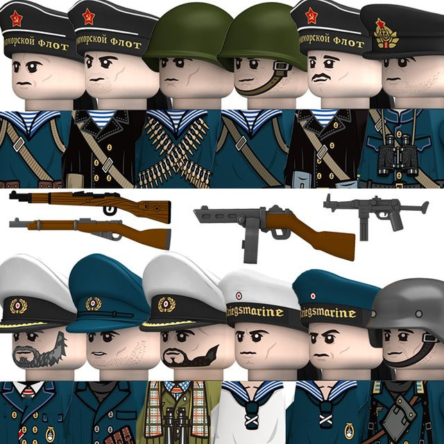 QUANGUAN WW2 Military Navy Serie Soldaten Figuren Bausteine Sowjetunion Krieger Infanterie und Offizier mit gedrucktem Helm, Mehrfarbig - Bild 1