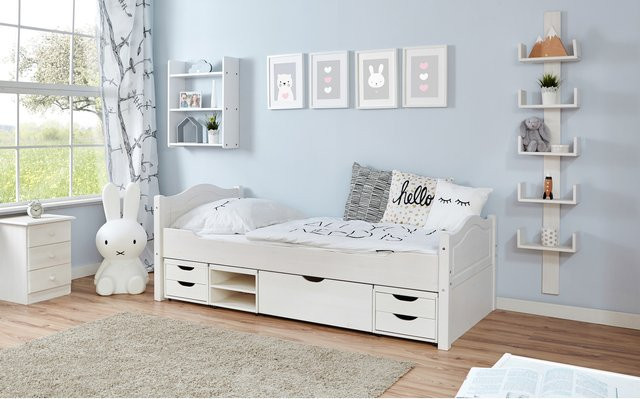 TiCAA Einzelbett Leni aus Kiefer mit Schubladen, Weiß, B/T/H: 100 x 200 x 109 cm - Bild 1
