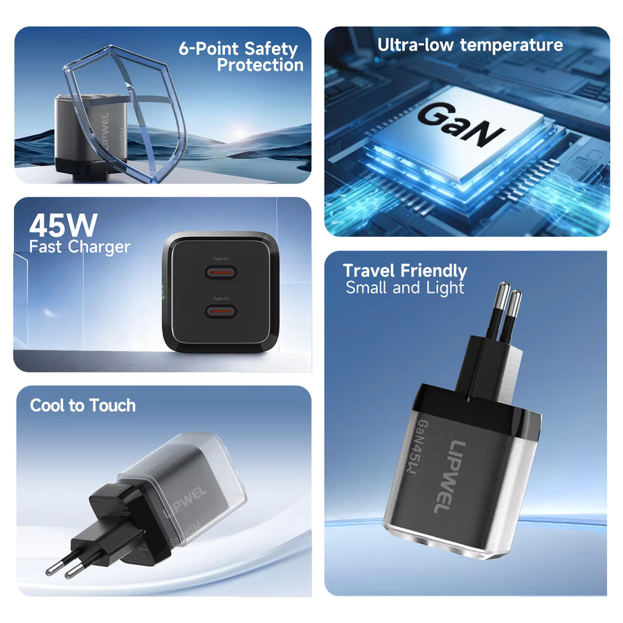 LIPWEL GaN 45W Dual USB-C Schnellladegerät mit EU-Stecker in Weiß - Bild 2