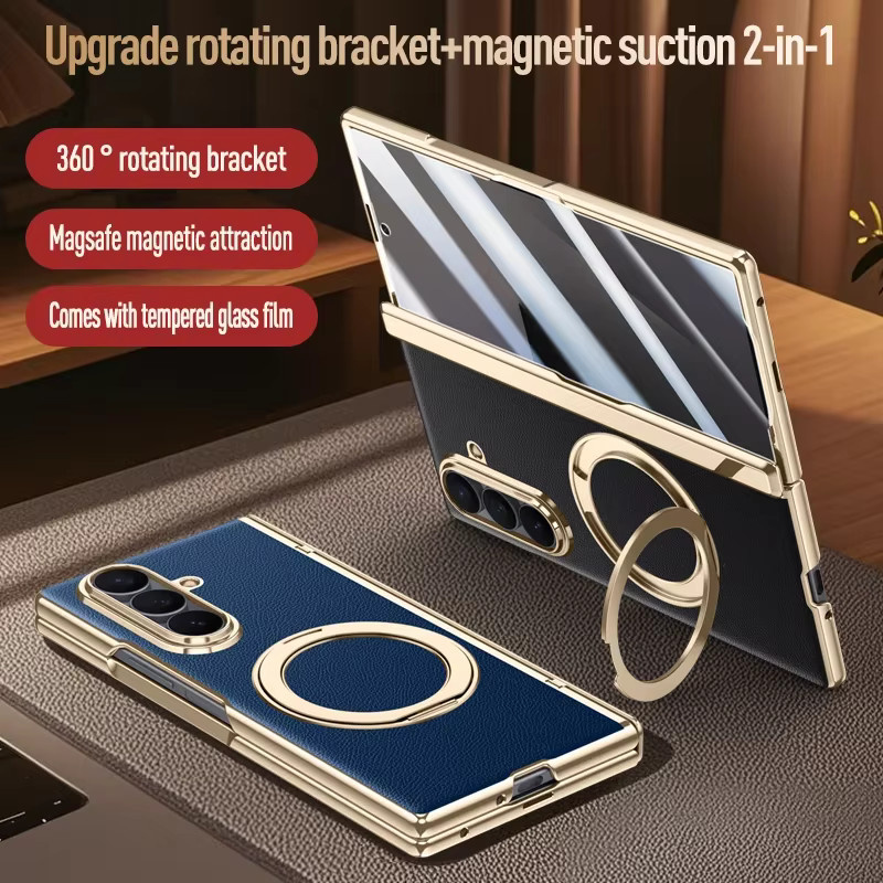 Samsung Galaxy Z Fold 7 Lederhülle mit 360 Grad schwenkbarer Halterung und magnetischem Anti-Drop-Schutz sowie gehärtetem Glas - Bild 2