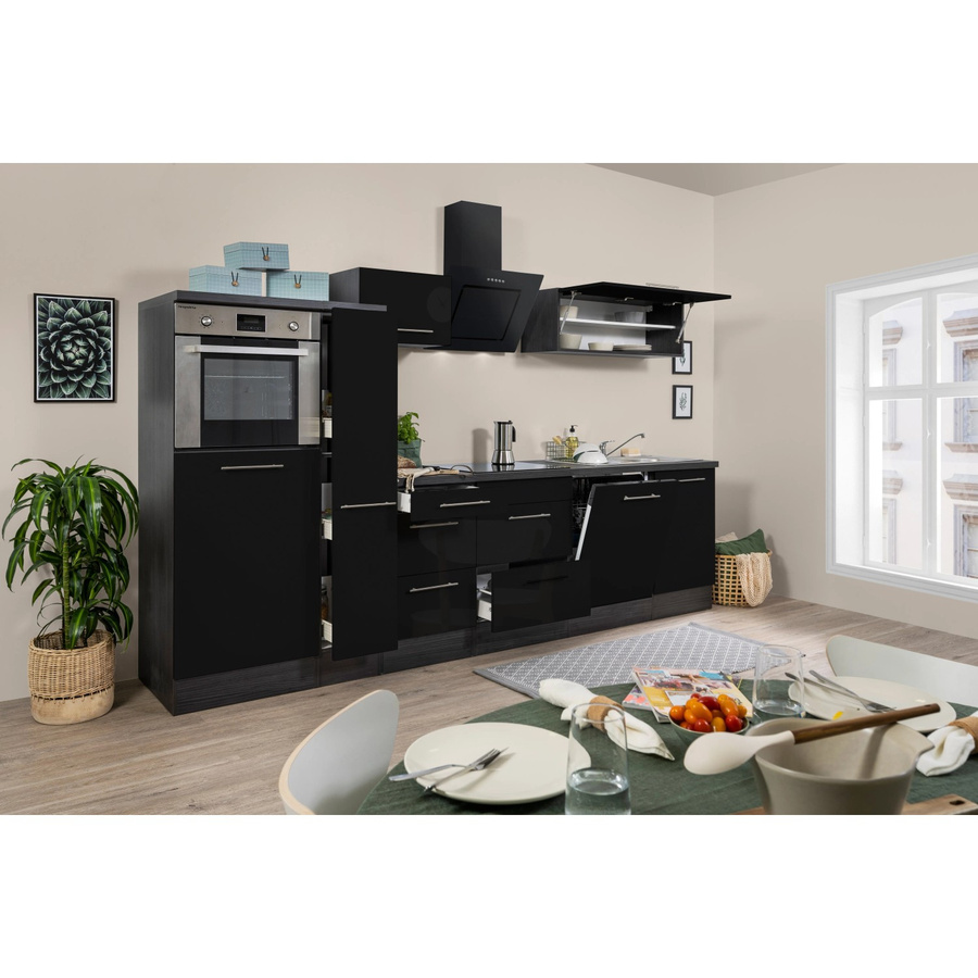 Respekta Premium Küchenzeile modern in Schwarz Hochglanz und Eiche Grau mit Soft-Close-Türen und Schubladen, Breite: 310 cm, Höhe: 91 cm, Tiefe: 6 cm - Bild 2
