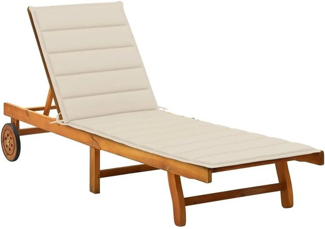 vidaXL Sonnenliege aus Akazien-Massivholz mit beige Auflage und Rollen - Bild 1