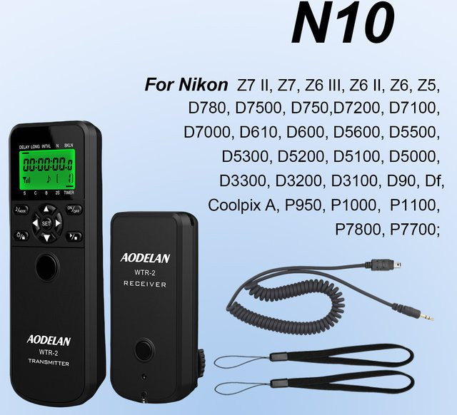 AODELAN Kamera Fernbedienung mit Timer und Wired Release Kabel für Nikon Z7II Z6 Z5 P1100 D3100 D5100 D5600 D600 D7000 D780 D7500 P950 P7700 in Schwarz - Bild 1