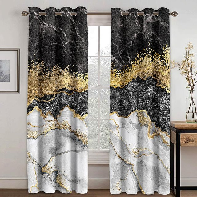 2er Set Verdunkelungsvorhänge aus Mikrofaser in Schwarz-Gold mit 3D-Design für Schlafzimmer und Wohnzimmer, Breite: 140 cm, Höhe: 160 cm - Bild 1