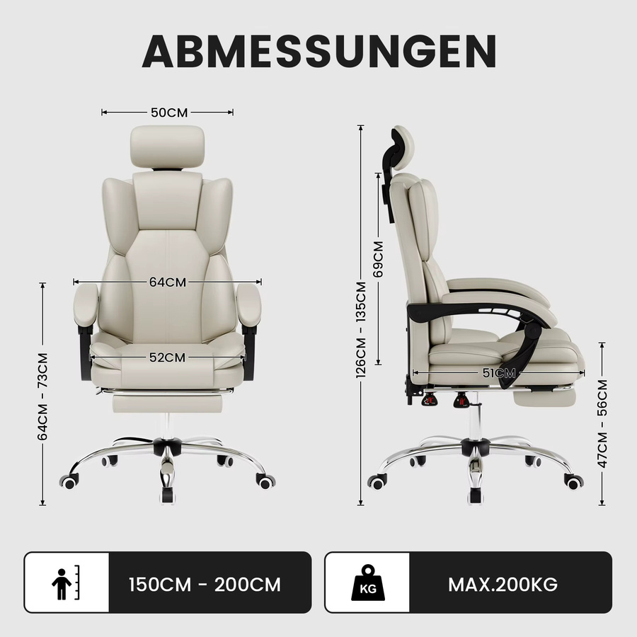 SUKIDA Gaming-Stuhl Ergonomischer Bürostuhl in Beige mit Fußstütze und Kopfstütze aus Kunstleder für Home Office und Wohnzimmer - Bild 2