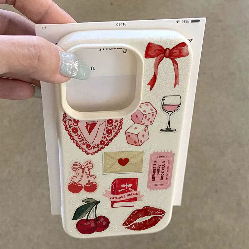 Handyhülle mit Collagen-Muster und Lychee-Struktur für Apple iPhone 17, 16, 15 Pro Max Plus Series in Rot und Beige - Bild 4