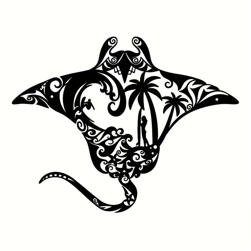 CIFBUY Wandkunst aus Metall Manta Ray Stranddekor in Schwarz mit Surfbrett, Wellen, Seestern und Palmen Silhouette - Bild 2