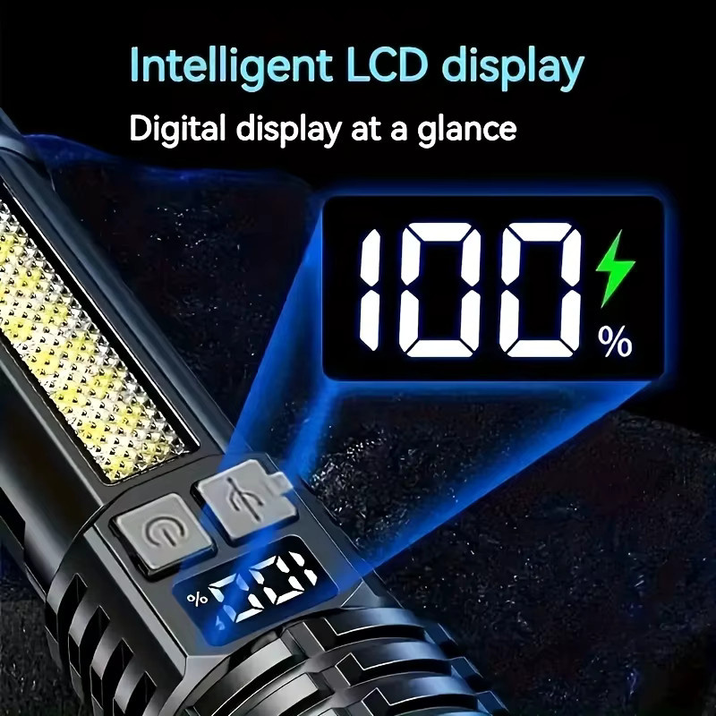 XIWANGFIRE COB-LED-Taschenlampe in Schwarz, USB wiederaufladbar, zoombar mit Seitenlicht, wasserdicht für Camping, Wandern und Notfälle - Bild 3