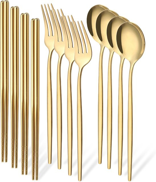 PINKTEN Besteckset aus Edelstahl in Gold und Silber, 12-teiliges Set mit Gabel, Löffel und Stäbchen, poliert - Bild 1