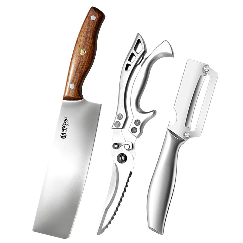 WXCOO Japanisches Fleischbeil und Küchenmesser Set aus Edelstahl in Silber mit Obst- und Gemüseschäler und Schere - Bild 4