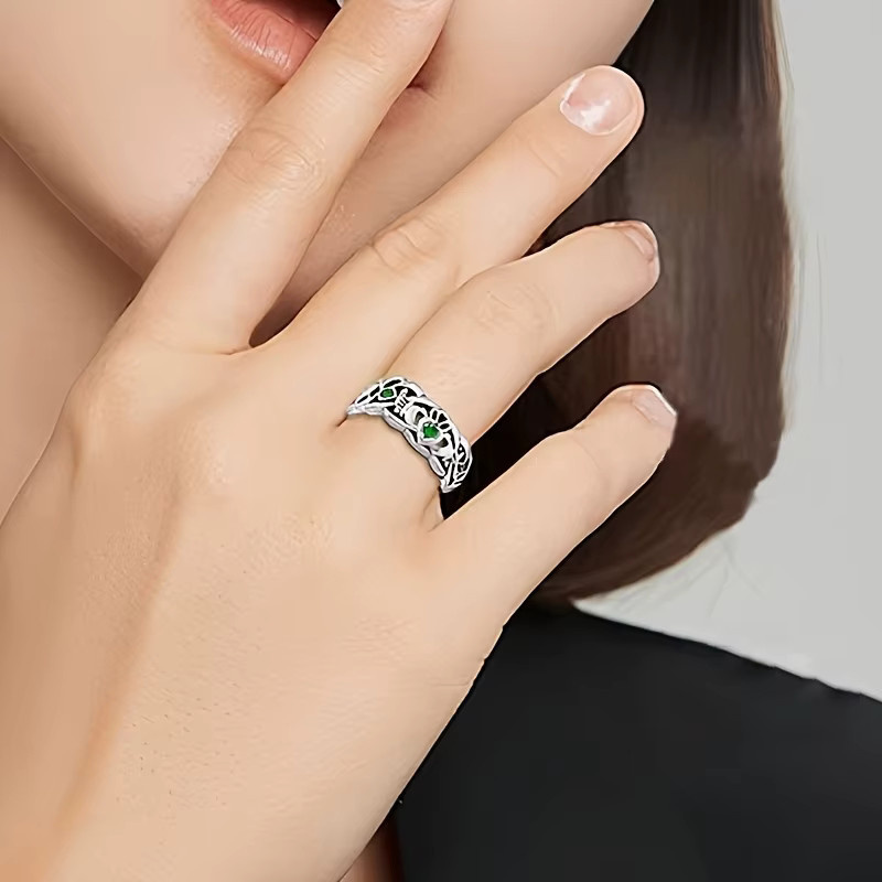 Huitan Ring, silberfarben, hellgrünes Herz-Zirkonia, Vintage, Damen - Bild 2