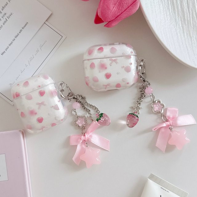 Kawaii Rosa Erdbeer-Schleife Schutzhülle für Apple AirPods 1 2 3 4 Pro 2 Pro 3 mit Anhänger - Bild 1