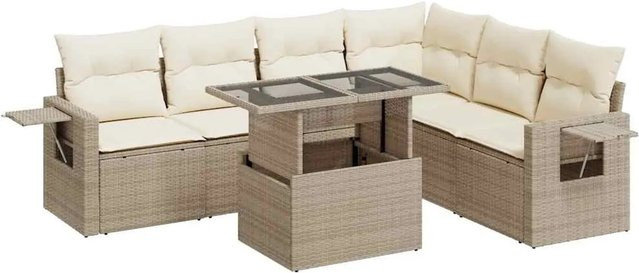 vidaXL 7-teilige Garten-Sofagarnitur in L-Form mit Kissen und Couchtisch, Beige, Polyrattan mit Metallgestell - Bild 1