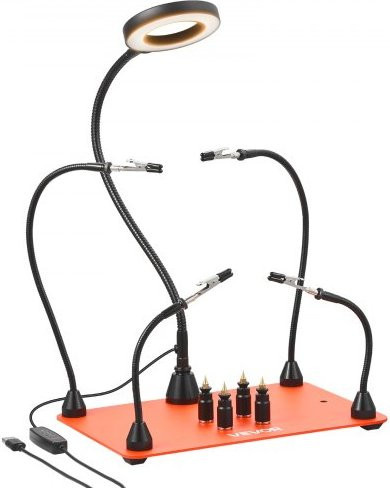 VEVOR Löthilfe Dritte Hand Magnetische Lötstation mit LED-Vergrößerungslampe und 4 flexiblen Armen in Orange - Bild 1