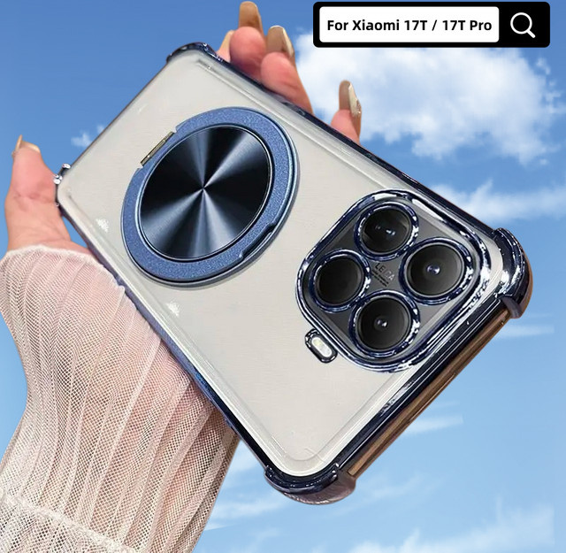 Sturzsichere Silikonhülle für Xiaomi 17T Pro Max Ultra 15T Pro 14T Pro mit drehbarem Magnetständer in Transparent/Silber - Bild 1