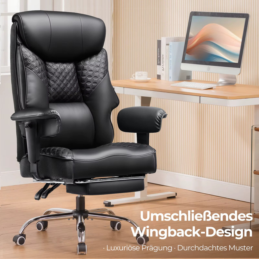 COMHOMA Gaming Stuhl in Schwarz, ergonomischer Bürostuhl mit Fußstütze und Kopfstütze für große und schwere Personen bis 180 kg, verstellbares Design mit 3D Sitzkissen und Armlehnen - Bild 2