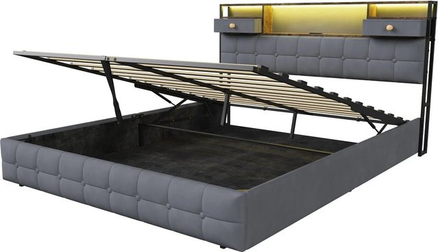 PXloue Polsterbett mit Stauraum und LED-Beleuchtung in Grau, B/T/H: 140 x 200 x 45 cm - Bild 1
