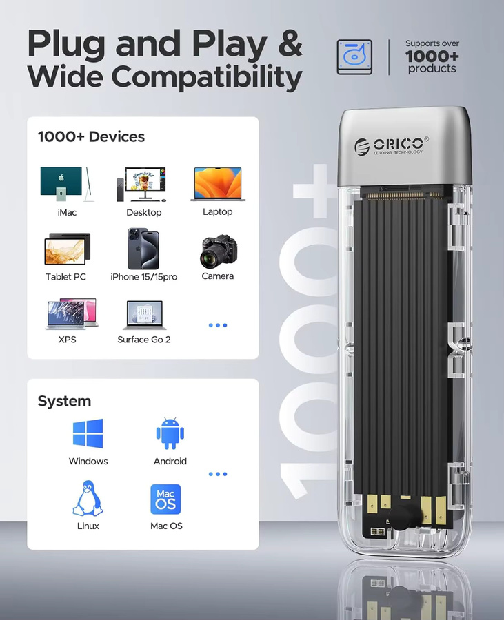 ORICO NVMe M.2 SSD Gehäuse USB 3.2 Gen 2 mit 10Gbps, werkzeugloser Adapter für NVMe PCIe M-Key und (B+M) Key, unterstützt UASP und TRIM - Bild 4