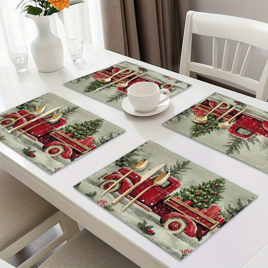 VIKAMA 4-teiliges Weihnachts-Tischset mit LKW-Schneeszene, buntes Platzset-Set für die Feiertagsdekoration - Bild 3